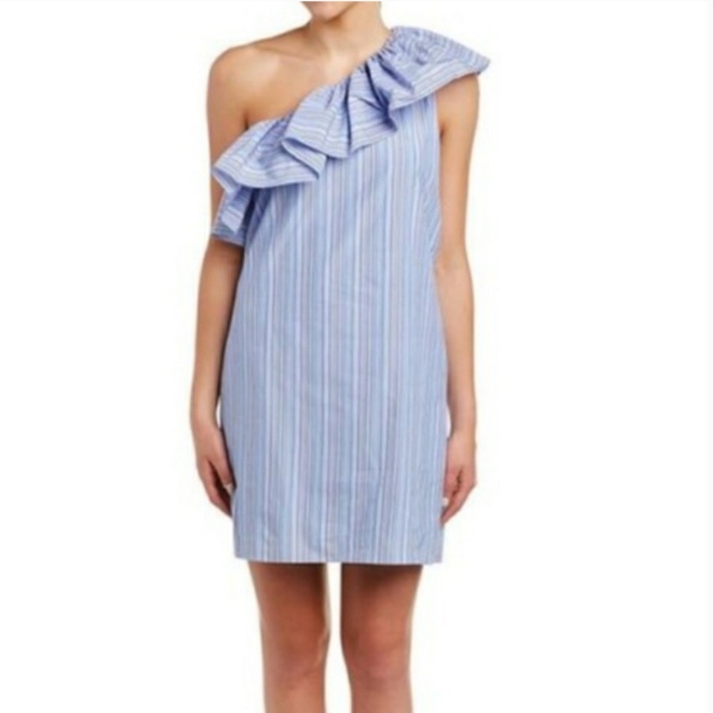 Parker Blue Striped One Shoulder Ruffle Mini Dress P7H3704CCD Size M